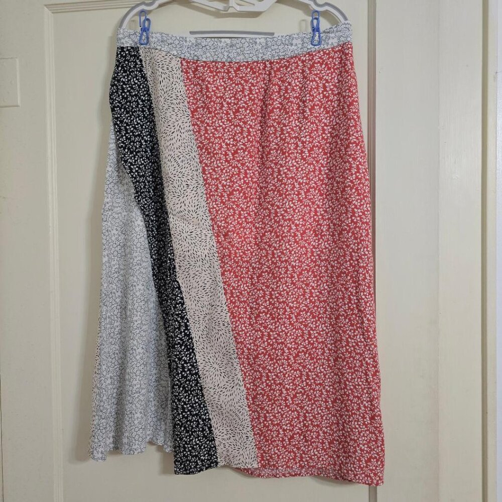 L  Skies are Blue Lined Midi Zip Skirt Multi patch pattern red black cream gray